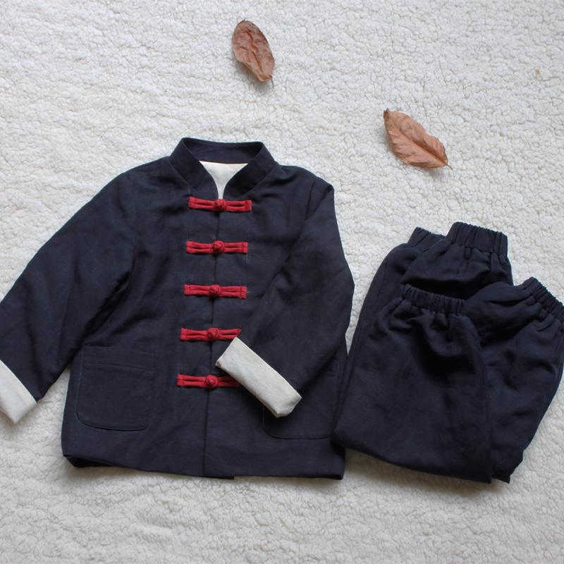 中式儿童套装男孩国学礼服双层外套藏青色棉麻中国风复古民族风新