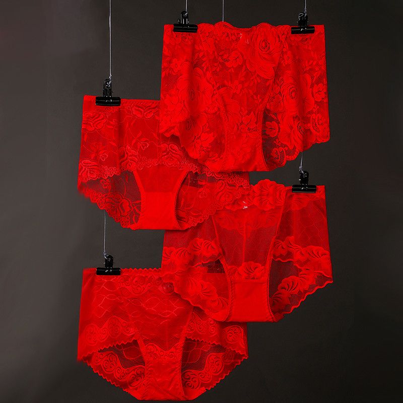 新疆西藏百货包邮专区大红色本命年内裤女士蕾丝性感大码中高腰