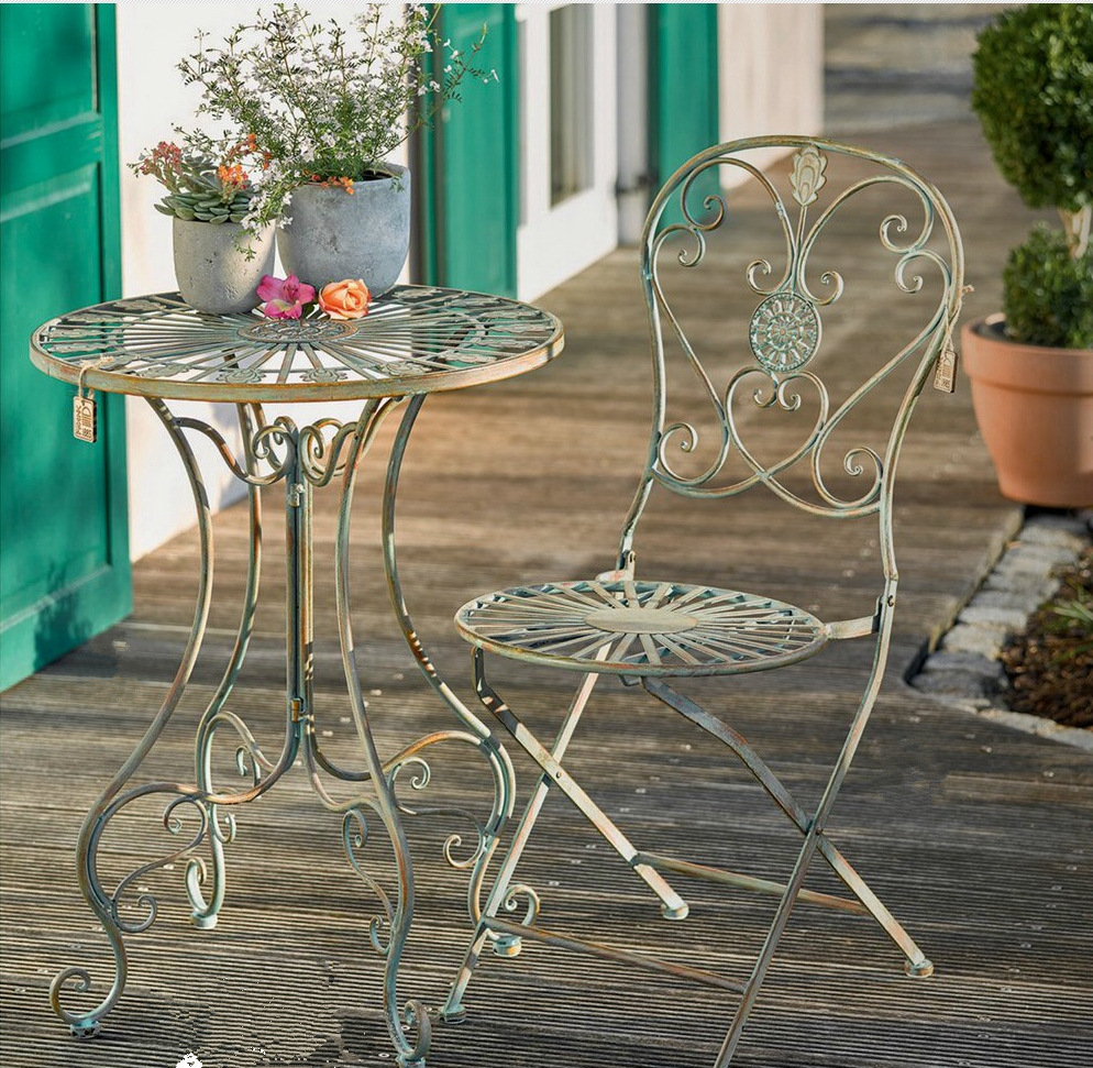 外贸出口欧式法式乡村铁艺圆桌椅墨绿色复古做旧阳台户外花园