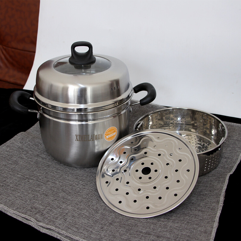 家用食品级不锈钢小蒸锅双层辅食日式蒸饭锅汤锅20-26cm加厚复底