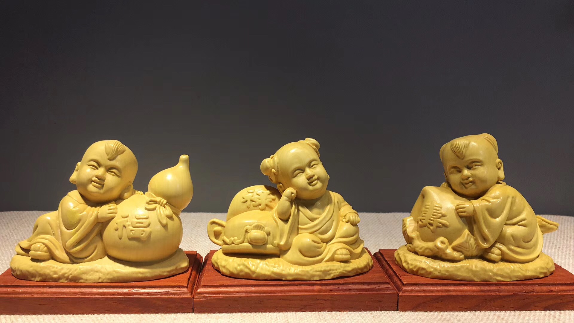 黄杨木雕 人物雕刻工艺品手把件摆件五福临门福禄寿禧财完美组合