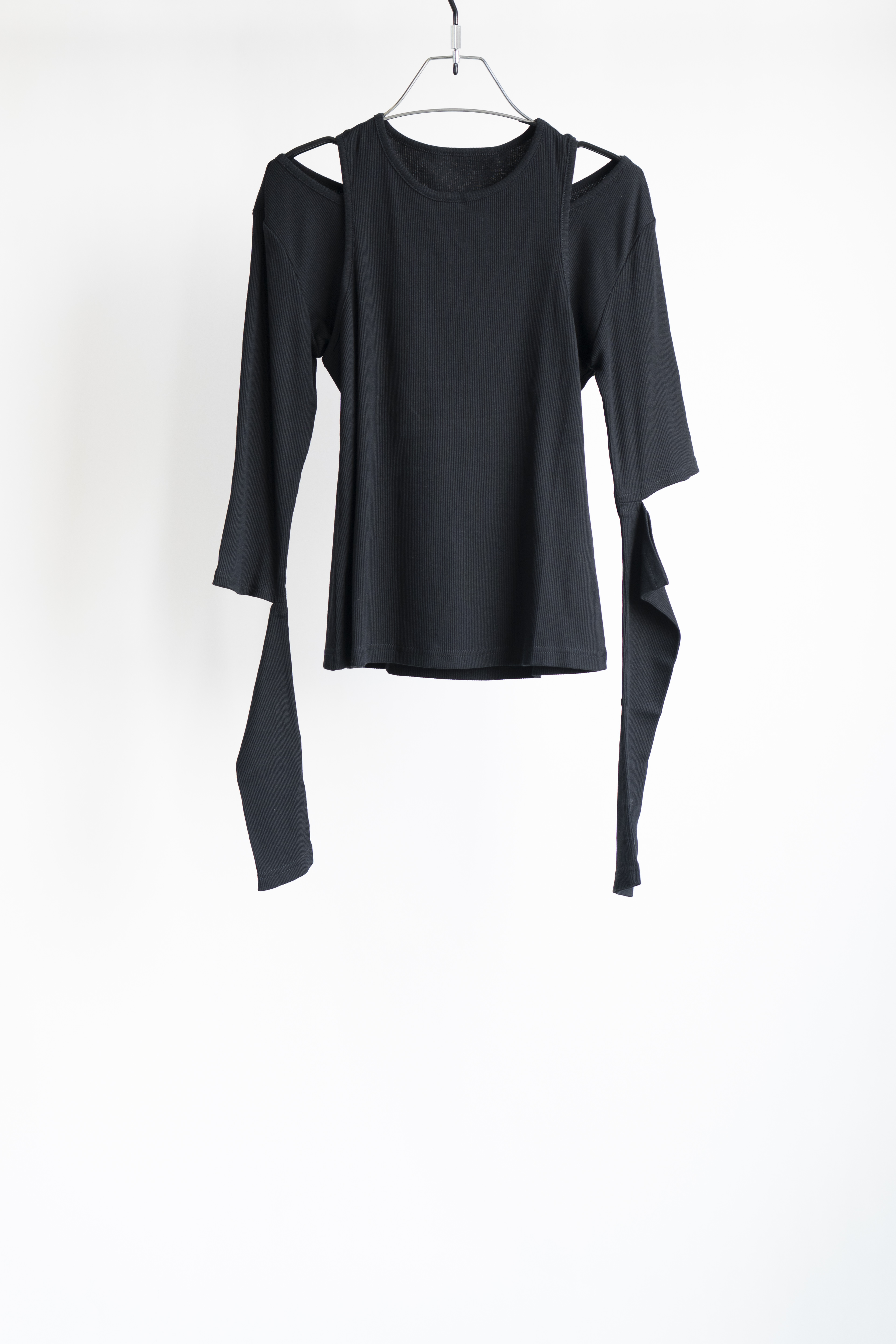 【特】潮 设计感 袖子镂空叠穿假两件 罗纹修身圆领套头纯色T恤女