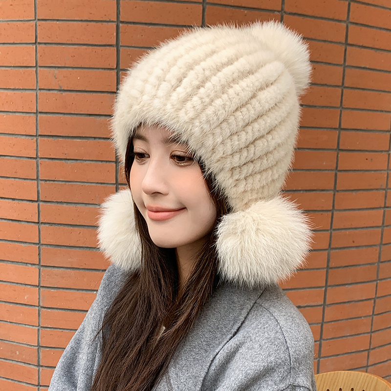 韩国款水貂毛帽子女冬季保暖气质貂毛编织帽狐狸球球显脸小皮草帽