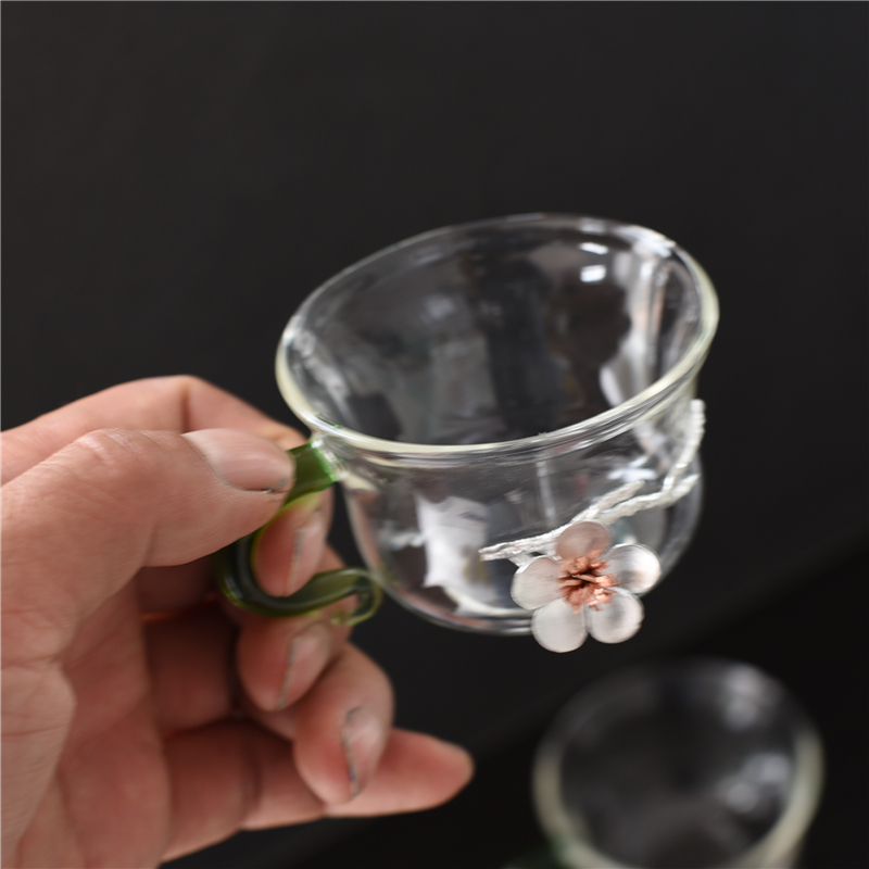 出口日本玻璃茶杯耐高温带把手品茗杯酒杯环保健康材质津轻礼品