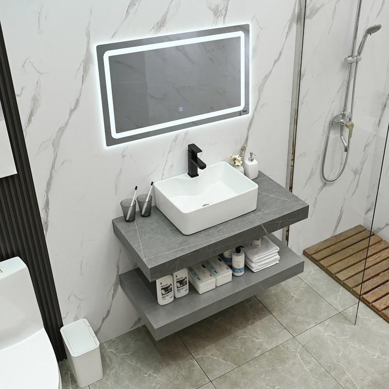 轻奢岩板台上陶瓷洗手盆简约现代大理石浴室柜组合卫生间洗漱台