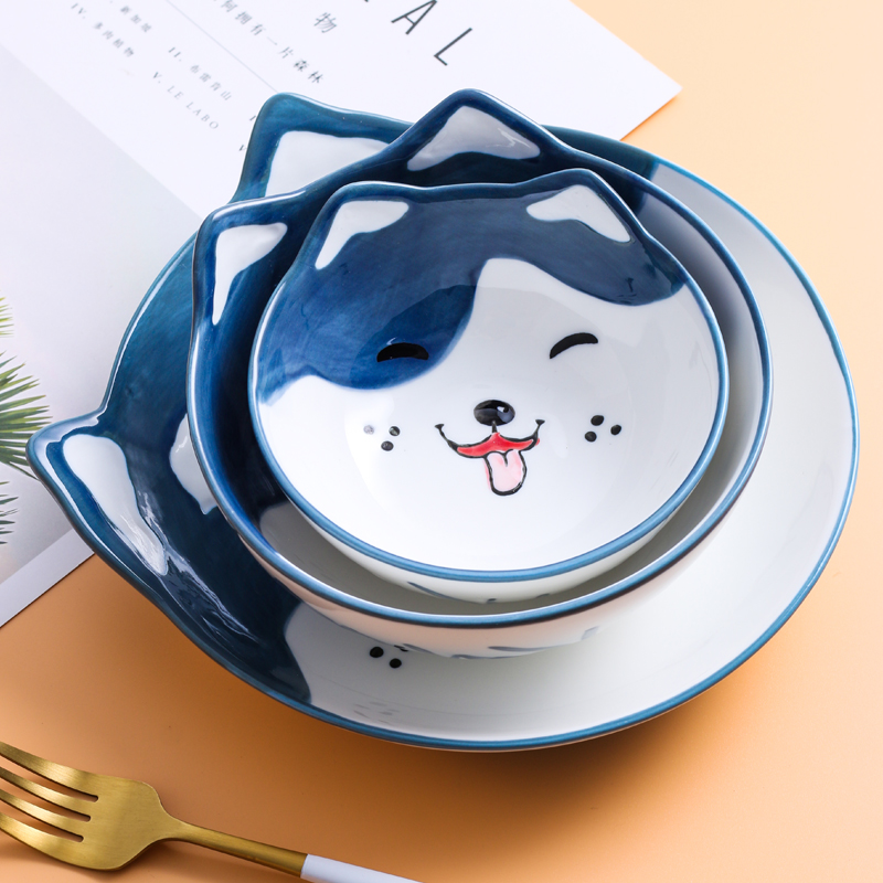 陶瓷饭碗可爱儿童学生家用菜盘网红创意卡通动物萌宠哈士奇狗二哈