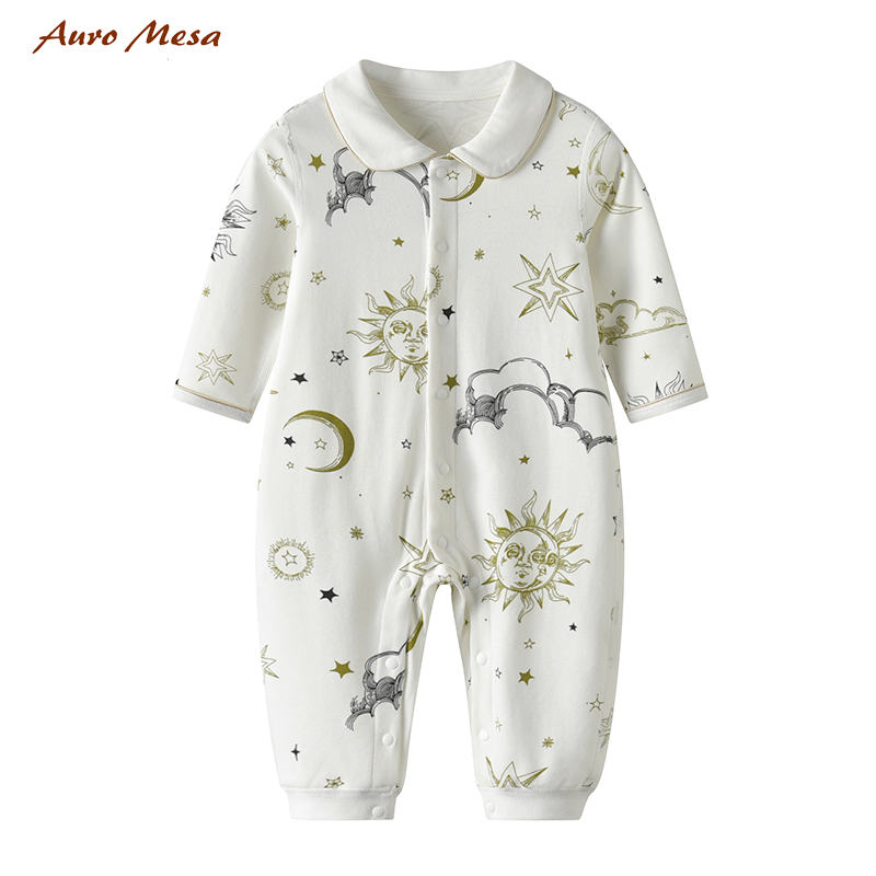 AuroMesa婴儿初秋新款太阳神复古印花哈衣婴儿全棉连体衣家居服