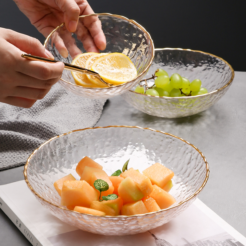 粉墨居舍金边玻璃水果碗沙拉碗透明餐具网红创意客厅茶几家用果盘