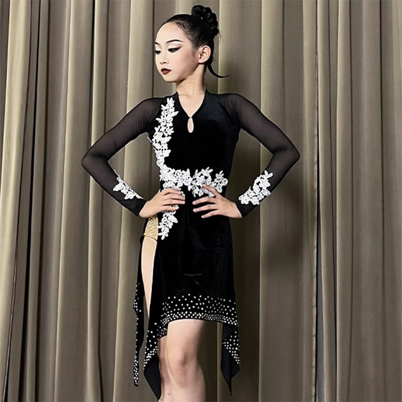 2024新款专业黑色拉丁舞表演出服装高级舞蹈连衣裙女性感比赛花服