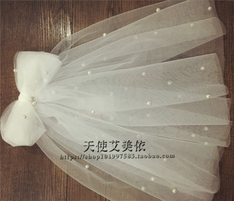儿童蝴蝶结花童头纱短款俏皮可爱白色新娘结婚珠子头纱旅拍写真
