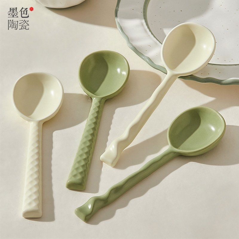 墨色陶瓷勺子家用汤勺长柄勺创意可爱ins 风儿童调羹勺子吃饭汤匙