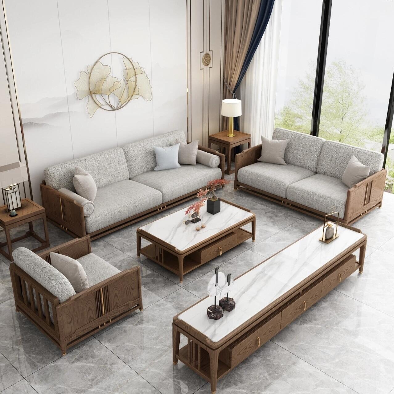 新中式办公沙发现代简约实木沙发茶几组合商务接待会客室住宅家具
