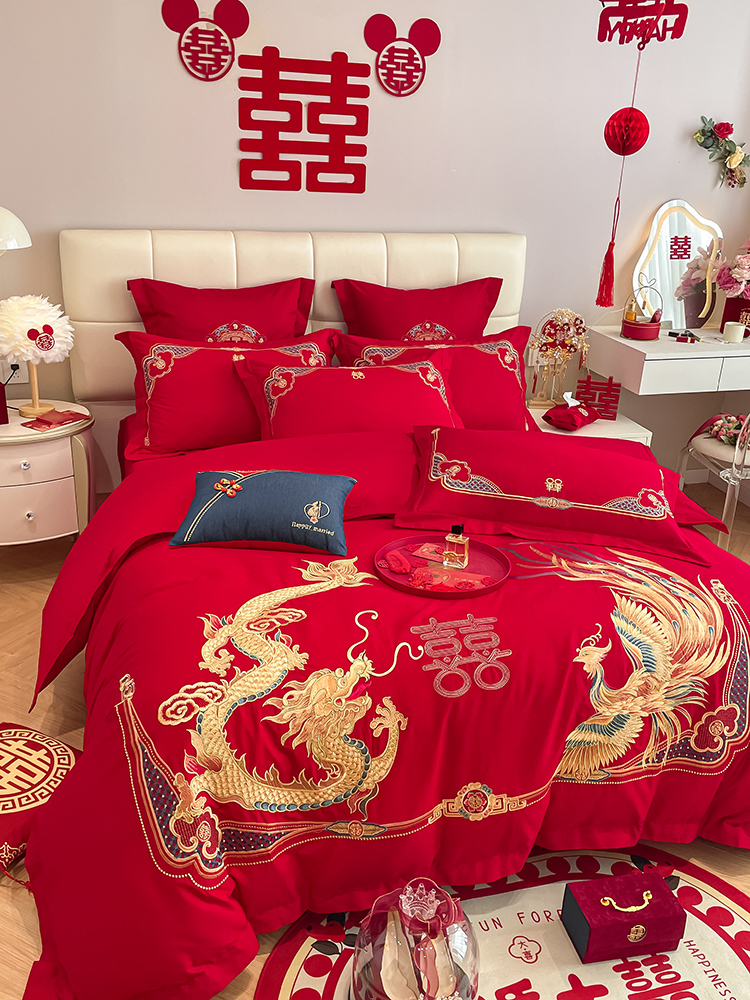 新中式龙凤刺绣四件套大红色婚庆结婚陪嫁喜庆被套床笠款床上用品