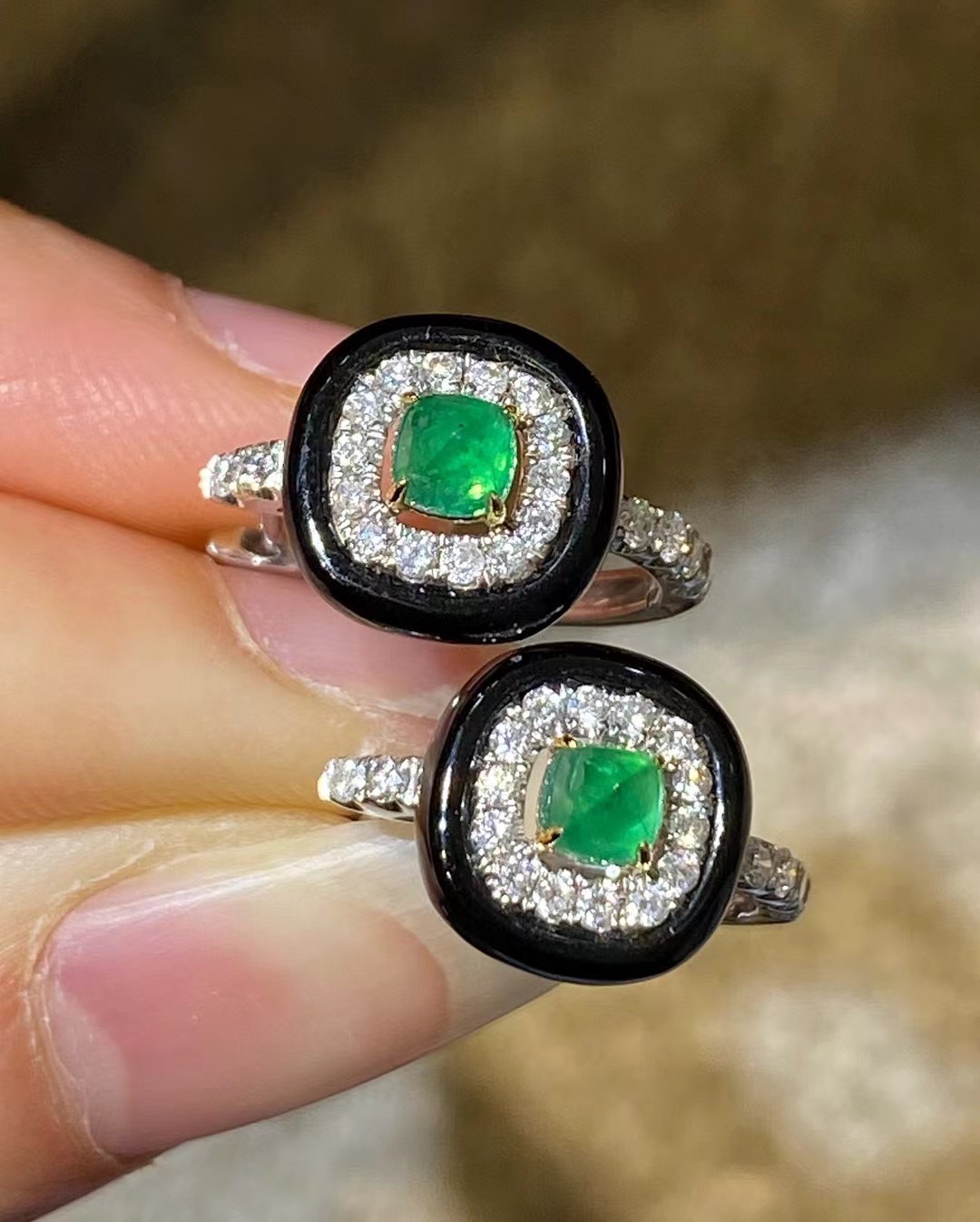 Artdeco复古风祖母绿耳扣 黑玛瑙与宝石钻石的完美结合
