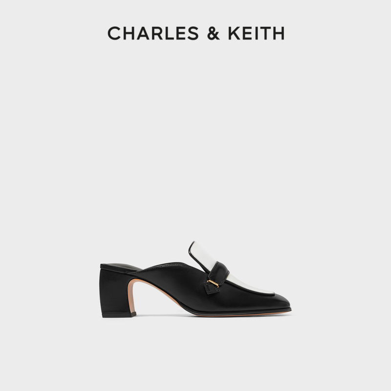 CHARLES&KEITH春夏女鞋CK1-60361379宽绊带饰方头高跟穆勒鞋拖鞋