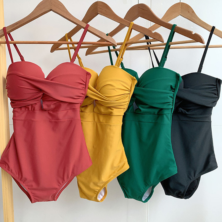 特价女游泳衣韩国版网红大胸显瘦比基尼聚拢泳装纯色温泉泳装黄绿