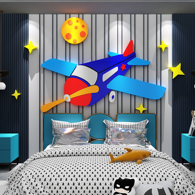 儿童房间布置卧室墙面装饰男孩床头背景墙卡通飞机月球贴纸画