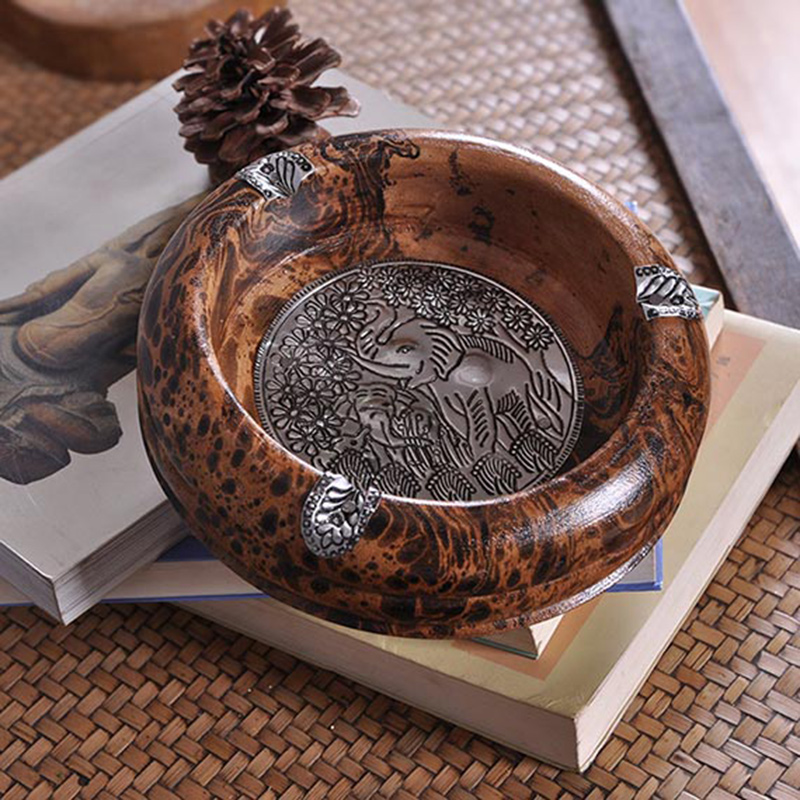 泰国进口工艺品特色礼品 实木雕刻个性复古烟灰缸 装饰摆件烟灰缸