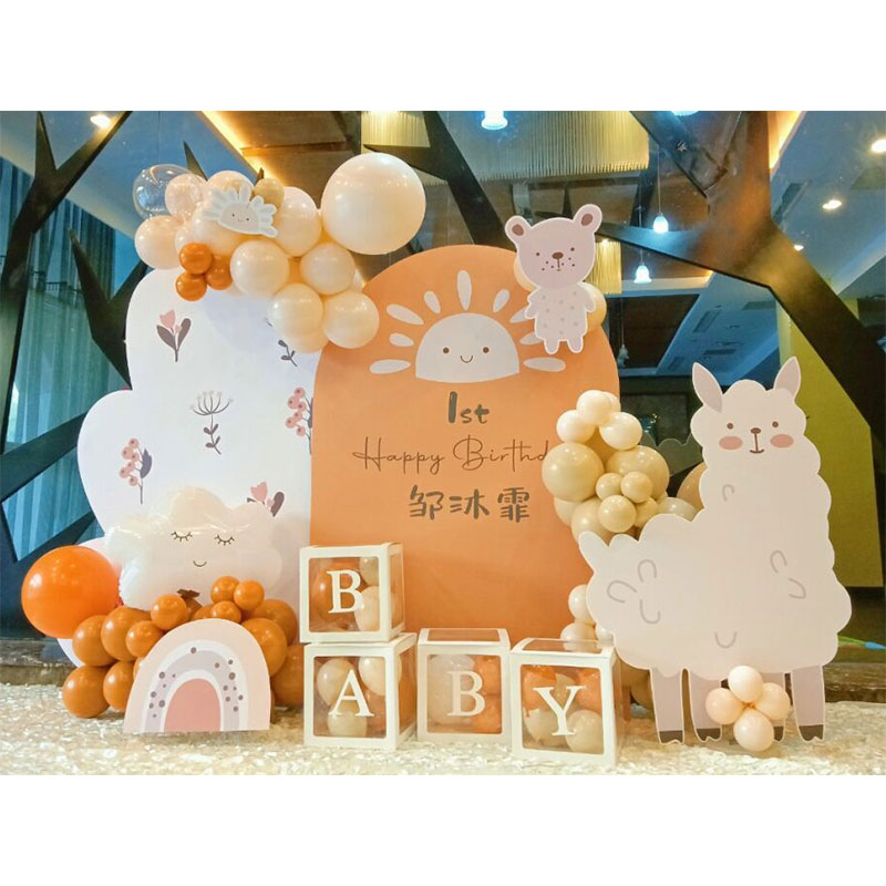 新品橙色生日布置背景墙kt板套餐幼儿园动物儿童宝宝百天周岁气球
