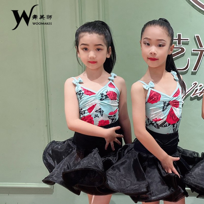 WMS2024夏季拉丁舞服少女儿童花朵欧根纱新款练功演出舞蹈服套装