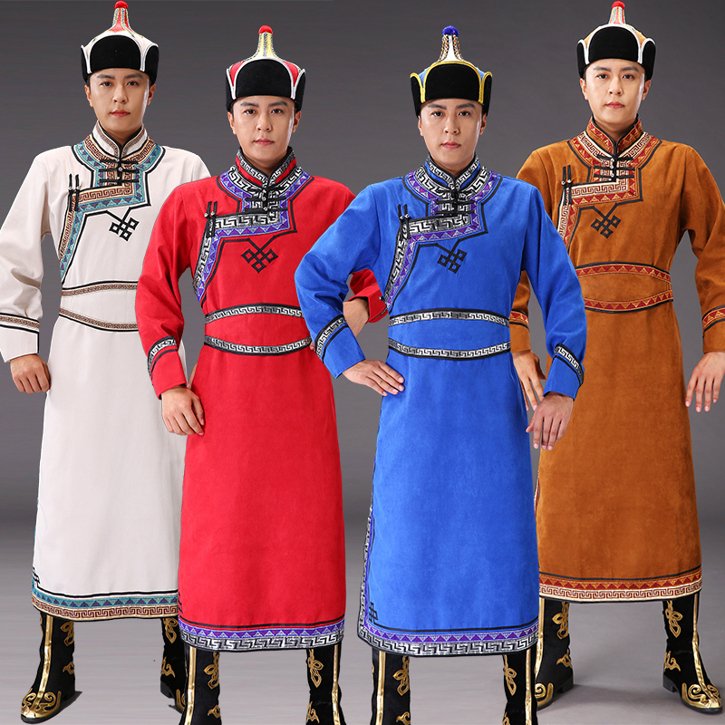蒙古服装男士蒙古袍仿鹿皮绒日常蒙族传统长款少数民族舞台演出服