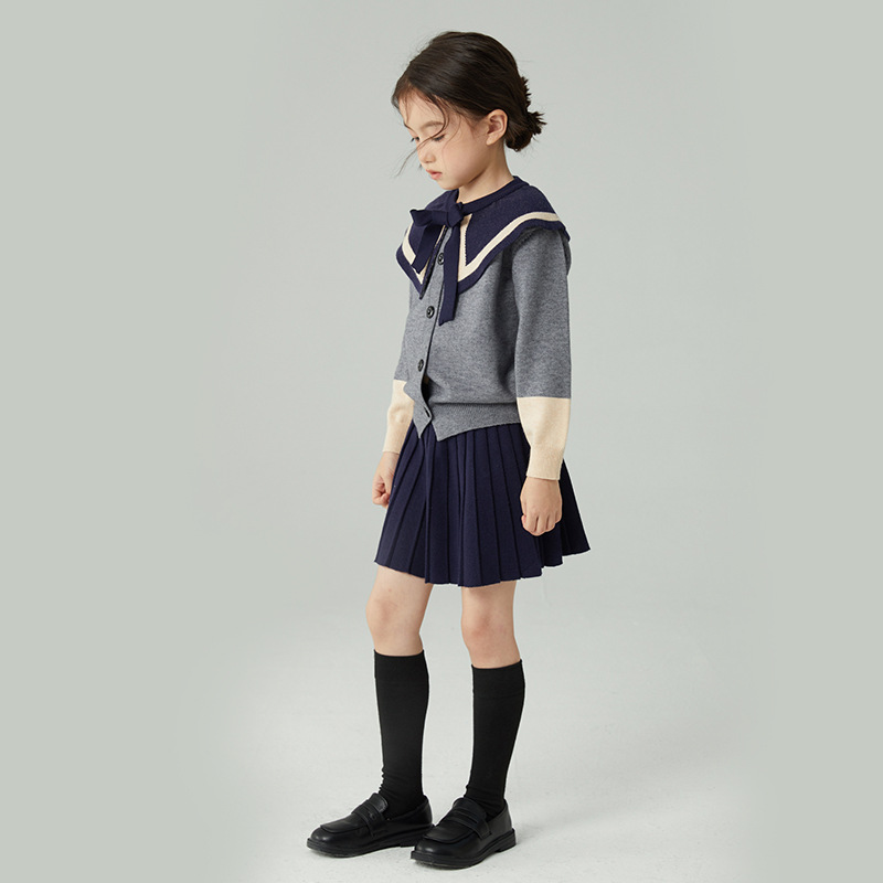 海报款 一套好美100-160女童春秋学院风洋气针织两件套 毛衣+半裙