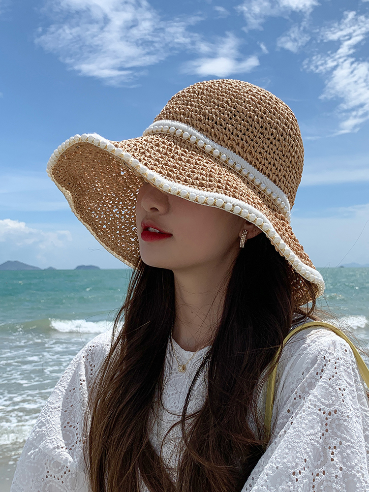 显脸小帽子女编织珍珠草帽夏季薄款遮阳防晒海边沙滩渔夫太阳帽凉