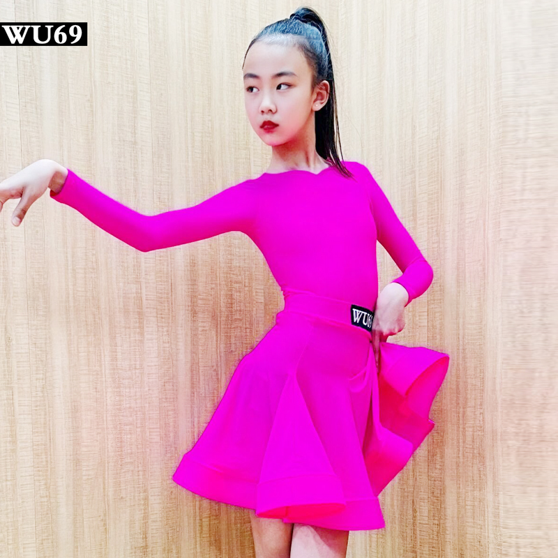 欧标拉丁比赛服女儿童表演服装舞蹈考级大摆裙玫红少儿拉丁舞服装