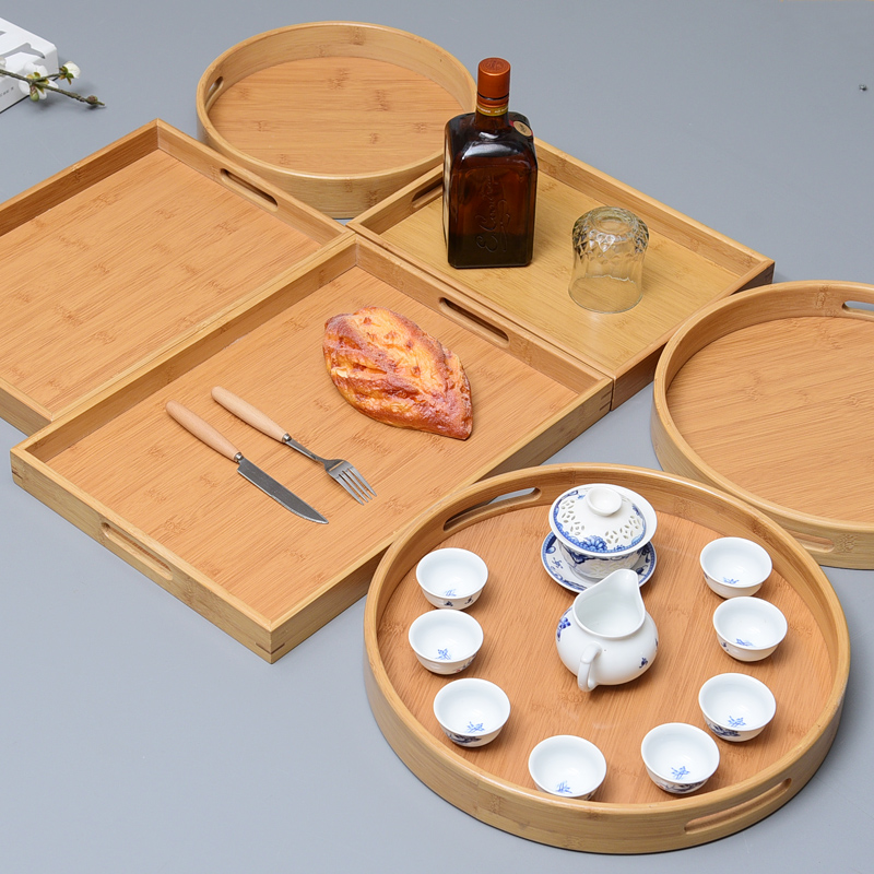日式实木质托盘长方形家用竹茶盘酒店上菜水杯盘子圆形美容院托盘