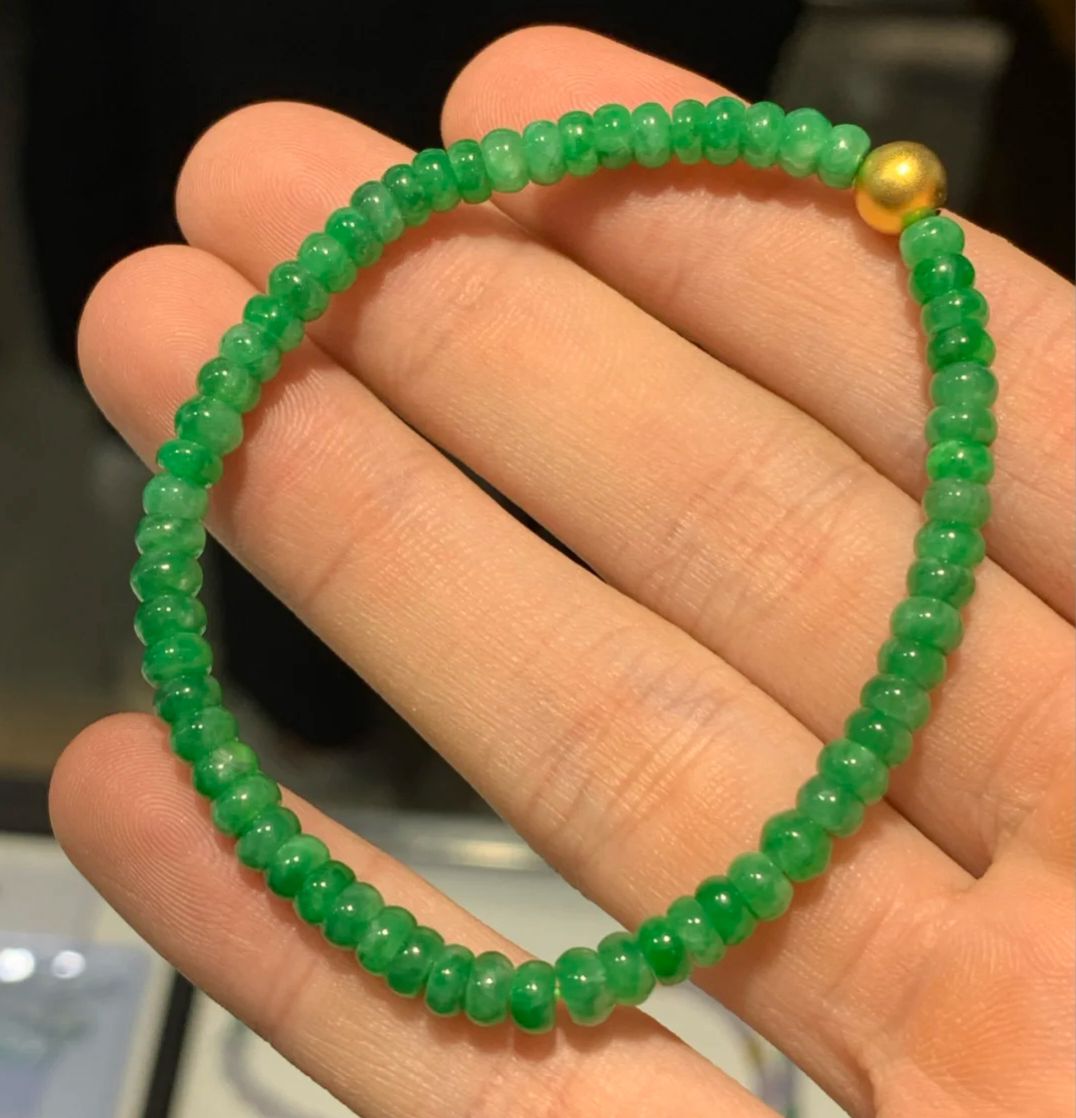 原创设计缅甸天然翡翠满绿算盘珠手串精美圆珠阳绿男女款玉石手链