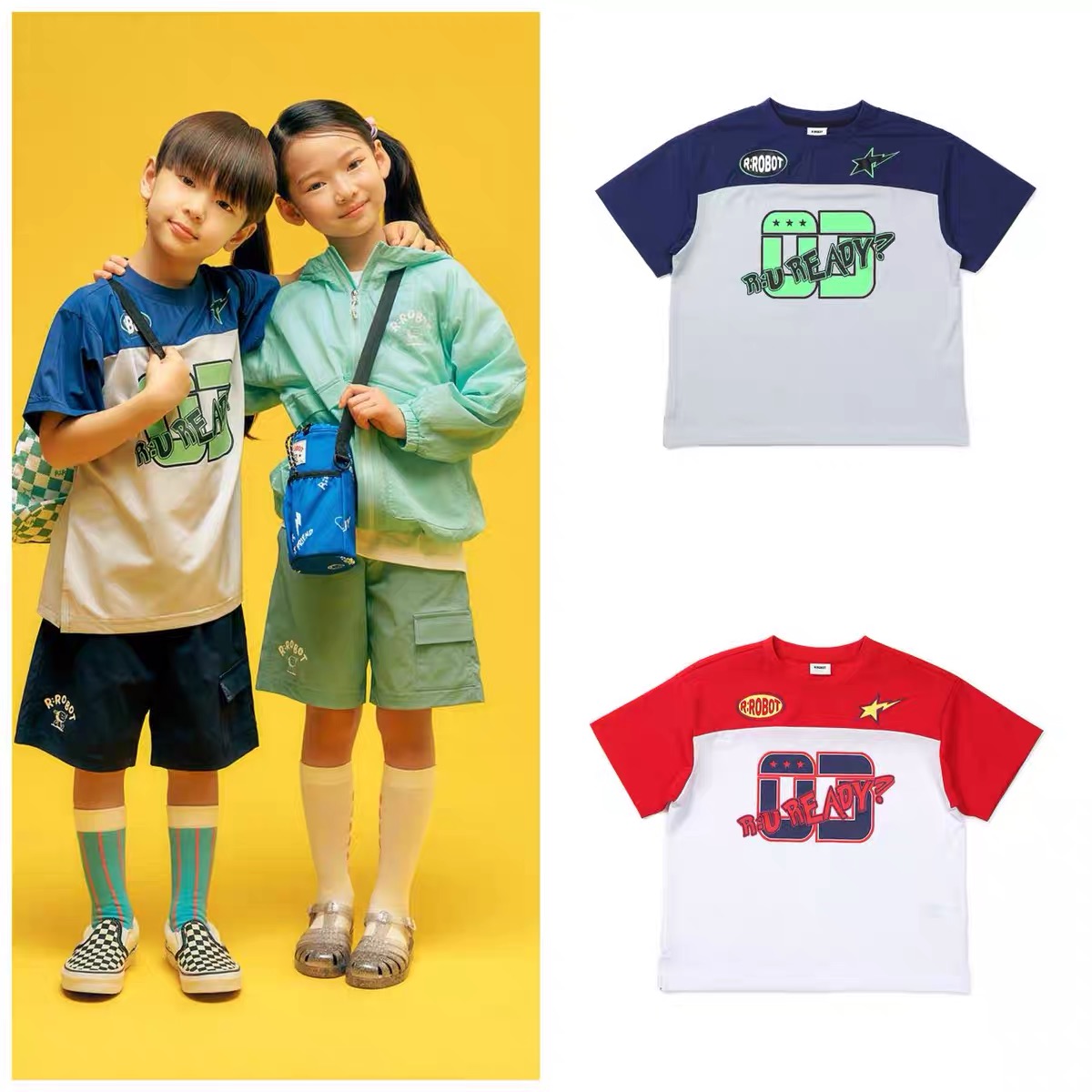 110-160码出口韩夏款男女童两色卡通拼接圆领运动休闲短袖T恤