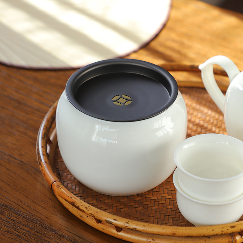白瓷建水陶瓷家用茶渣桶羊脂玉瓷水盂茶洗茶道配件壶承茶水桶带盖