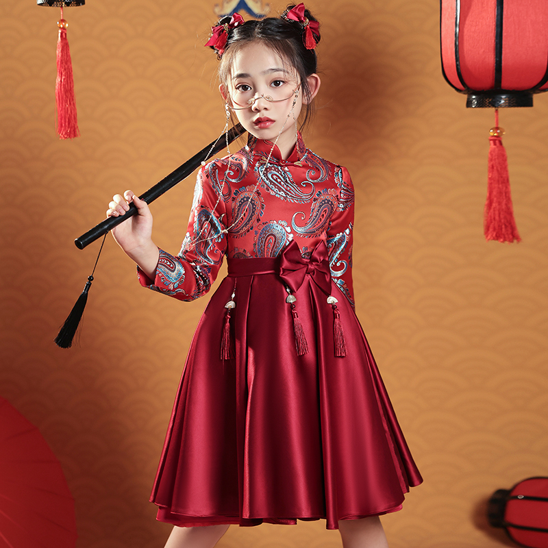 女童唐装春秋儿童龙年新中式宝宝女古装红色中国风旗袍高端连衣裙