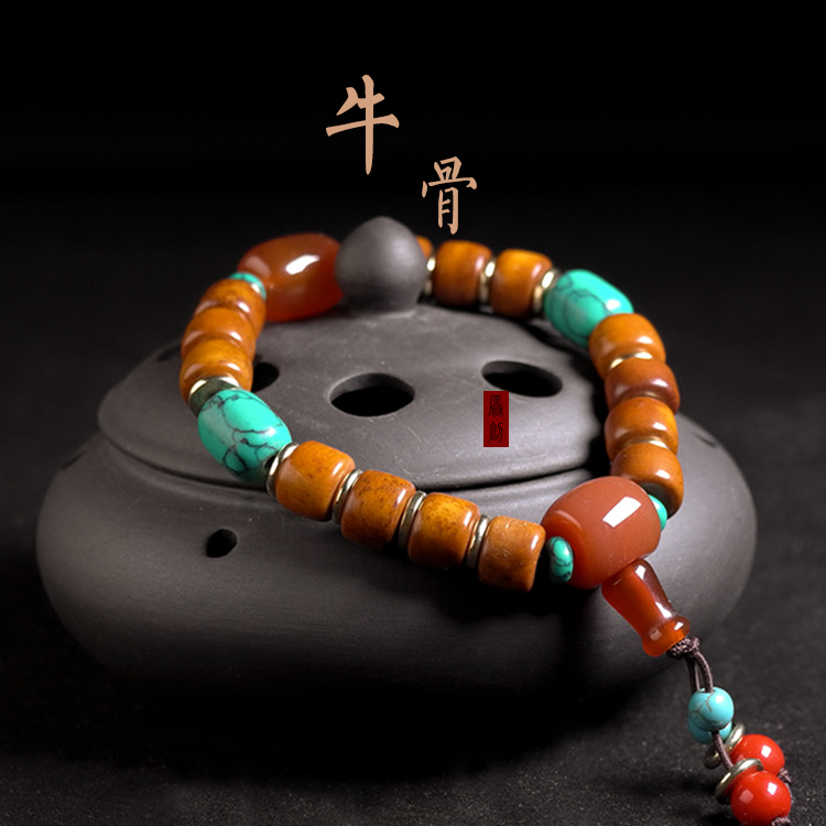 西藏拉萨直发拉扎诺布原创手工牦牛骨男士黑色手串手链生日礼物