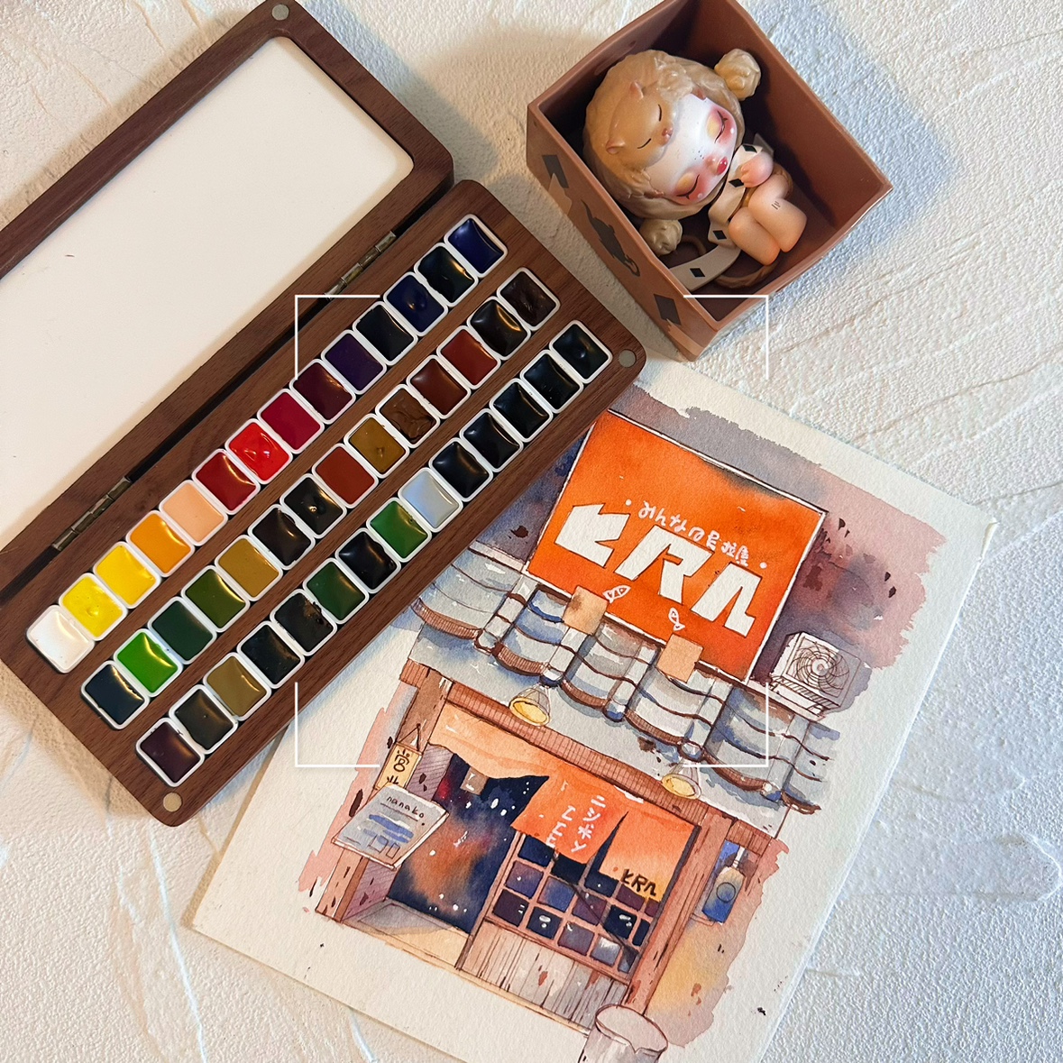 水彩颜料胡桃木黄铜片小熊盒子美甲收纳空盒定制颜料分装便携木盒