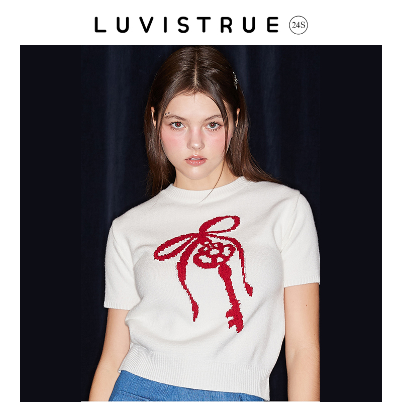 LUV IS TRUE 24S新款红丝带钥匙图案短袖针织衫女春修身短款毛衣