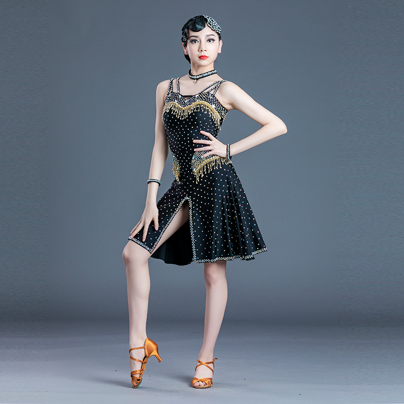 2024新款专业黑色拉丁舞表演花服装高级舞蹈裙女性感比赛演出舞服