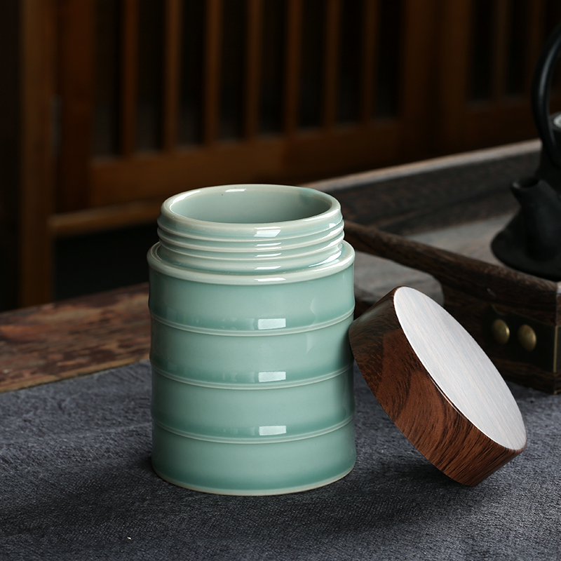 青瓷大号密封茶叶罐陶瓷家用存茶罐木盖便携茶仓保健品收纳罐茶盒