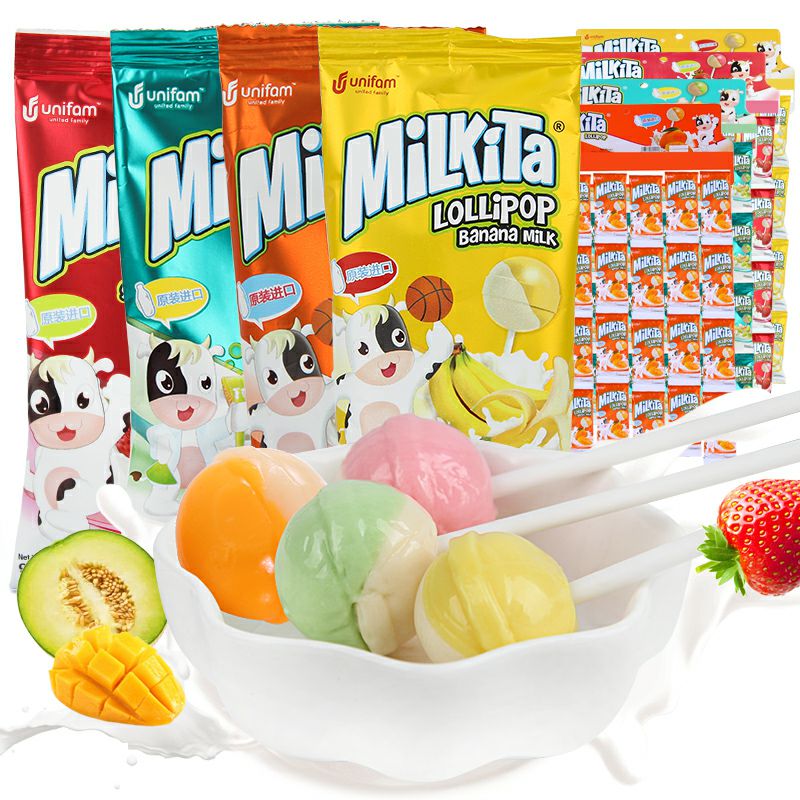 印尼进口Milkita优你康草莓哈密瓜牛奶双味棒棒糖儿童糖果零食