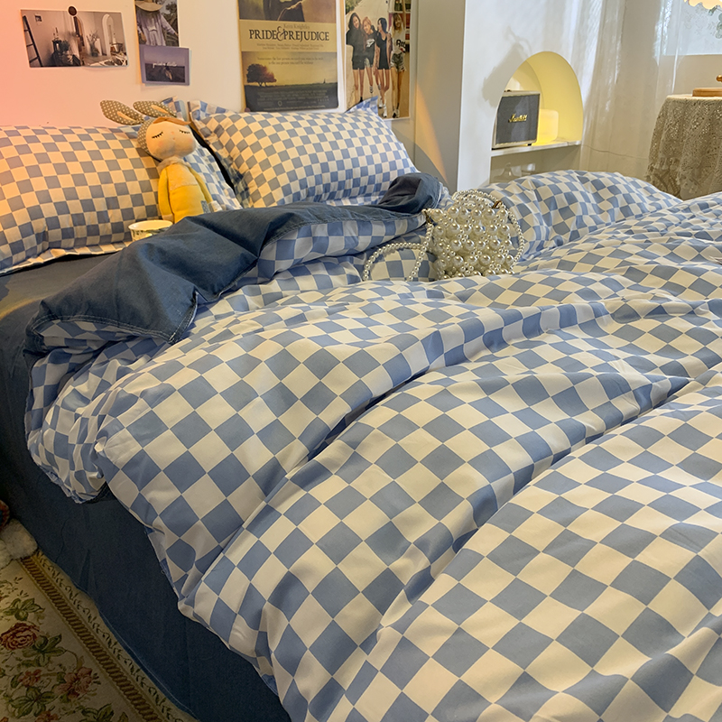 简约时尚潮流款棋盘格蓝色床上用品被套四件套学生宿舍床单三件套