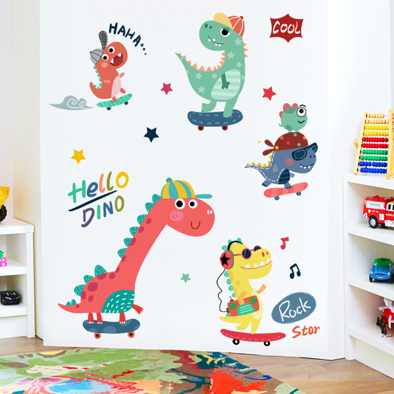 热卖恐龙贴纸卡通儿童房间布置墙贴男孩卧室自粘装饰柜子可移除墙