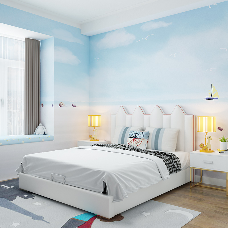 北欧定制蓝天白云海景壁画海滩儿童房壁纸公主房男女孩卧室墙布