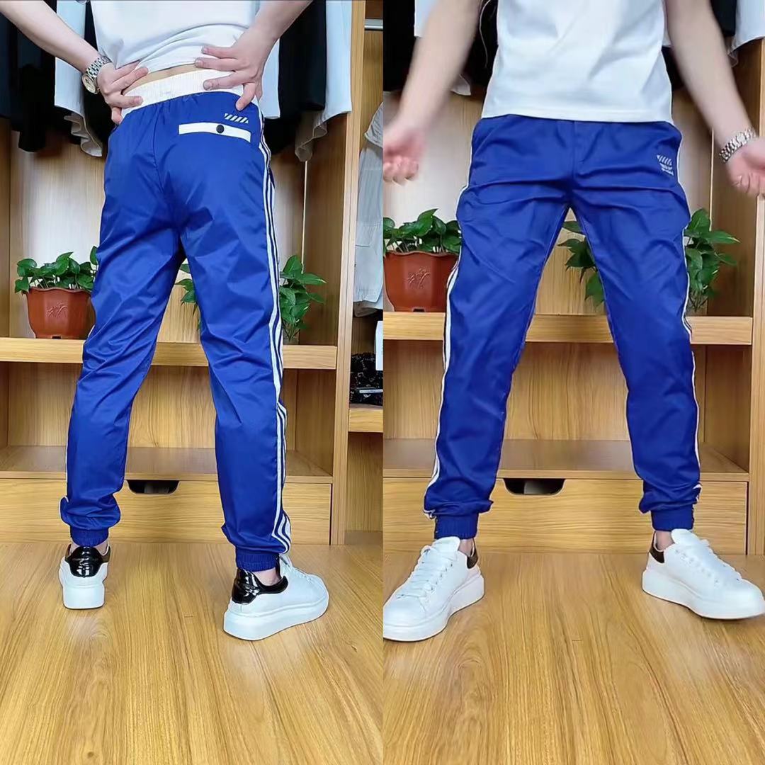 K219夏季男士薄料舒适小脚休闲裤蓝色白条潮流透气时尚长裤男裤帅