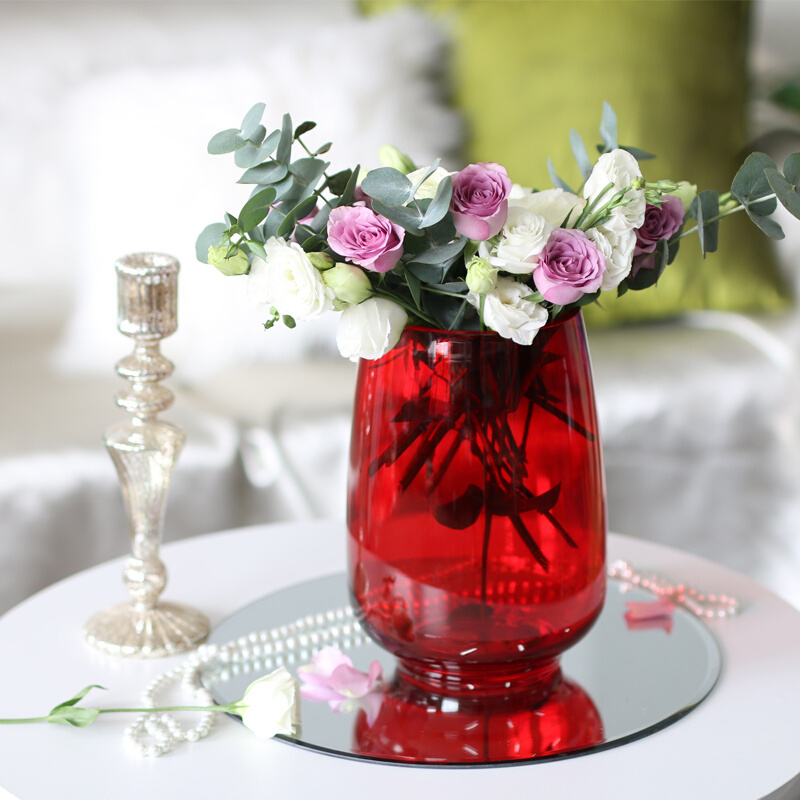 中式简约大红色玻璃花瓶新年喜庆银柳插花结婚乔迁婚房装饰大肚瓶