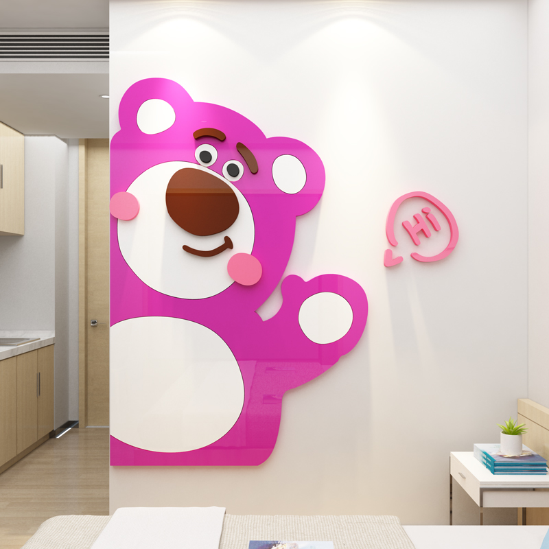 儿童房间布置卧室装饰品床头草莓熊电视背景墙面自粘电梯门贴壁纸