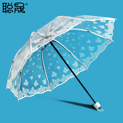 水乡伞白色晴雨伞透明透明伞系列全自动三折伞江南印花阿波罗