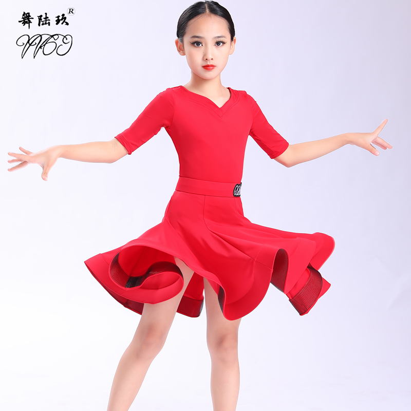 国标拉丁比赛服女高端儿童舞蹈表演服装连体舞裙少儿拉丁舞服红色