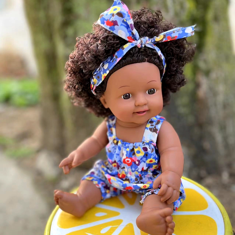 新款30厘米娃娃四声黑肤爆炸头娃娃软胶婴儿女孩洋娃娃玩具赠梳子