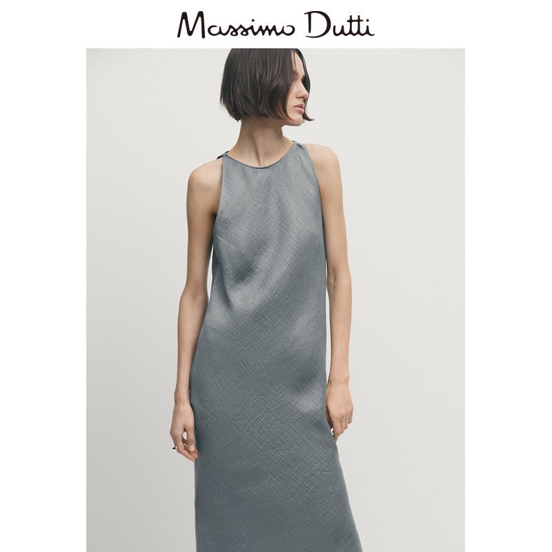 春夏新品MassimoDutti2024女装格雷系高级灰亚麻肌理感修身无袖吊