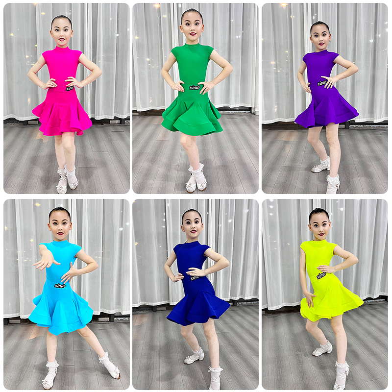 xinw拉丁舞儿童表演服高端比赛规定舞蹈服夏季新款大裙摆女童短袖